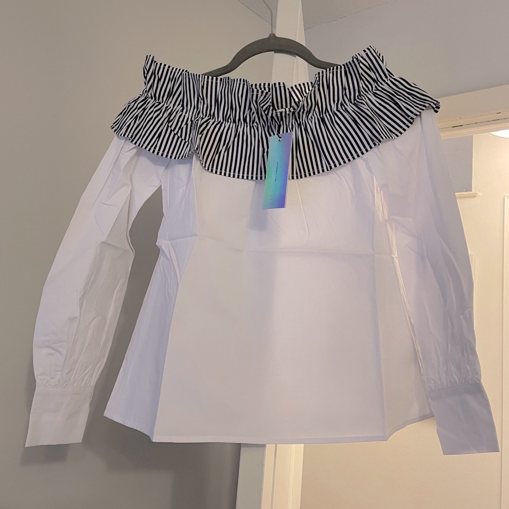 White & navy off shoulder blouse by Aftermarket NWT